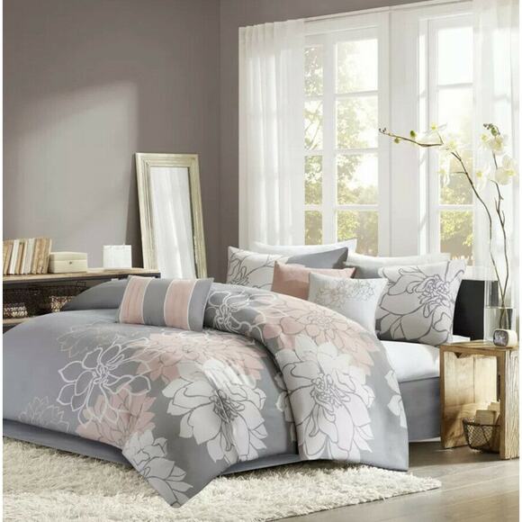 Madison Park Lola Queen Comforter shams skirt pillows Set Grey/Pink/White  NEW - Picture 1 of 11